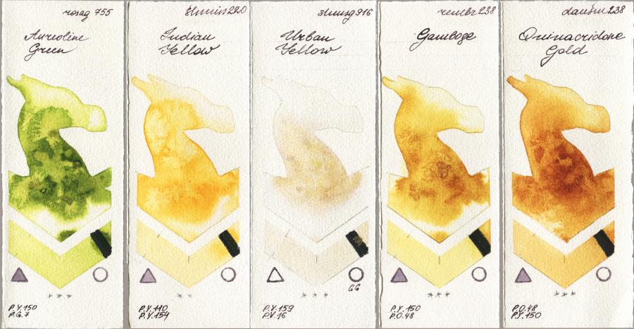 Rosa Gallery 755 Aureoline Green vs Shminke Horadam Aquarell 220 Indian Yellow vs 916 Urban Yellow vs Royal Talens Rembrandt Watercolour 238 Gamboge vs Daniel Smith 238 Quinacridone Gold watercolor swatch