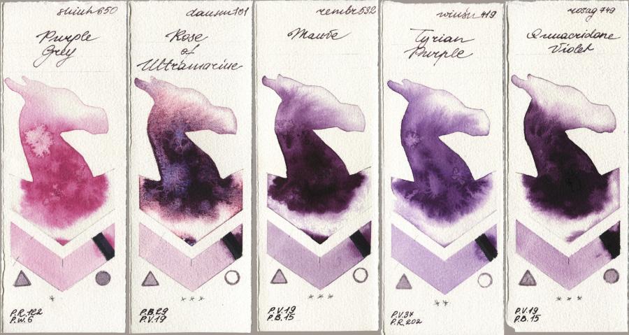 Shinhan PWC 650 Purple Grey vs Daniel Smith 101 Rose of Ultramarine vs Royal Talens Rembrandt Watercolour 532 Mauve vs Winsor & Newton Professional 419 Tyrian Purple vs Rosa Gallery 749 Quinacridone Violet watercolor swatch