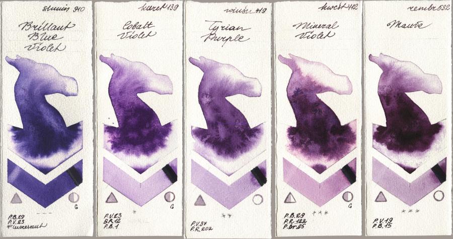 Shminke Horadam Aquarell 910 Brilliant Blue Violet, Kuretake Gansai Tambi 139 Cobalt Violet, Winsor & Newton Professional 419 Tyrian Purple, Holbein Artists Watercolor 112 Mineral Violet, Royal Talens Rembrandt Watercolour 532 Mau watercolor swatch