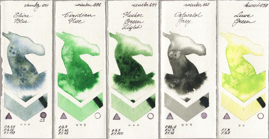 Shminke Horadam Aquarell 934 Shire Blue vs Winsor & Newton Professional 696 Viridian Hue vs Royal Talens Rembrandt Watercolour 644 Hooker Green Light vs 428 Ostwald Grey vs Kuretake Gansai Tambi 059 Lime Green watercolor swatch