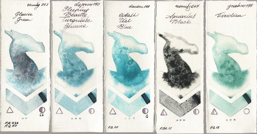 Shminke Horadam Aquarell 963 Glacier Green vs Daniel Smith 150 Sleeping Beauty Turquoise Genuine vs 028 Cobalt Teal Blue vs Roman Szmal Aquarius 247 Aquarius Black vs M. Graham & Co. Artists 195 Viridian watercolor swatch