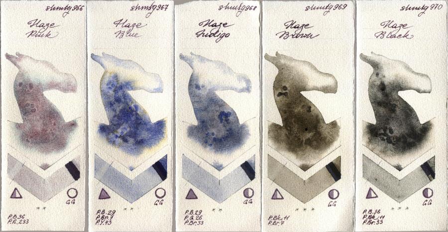 Shminke Horadam Aquarell 966 Haze Pink vs 967 Haze Blue vs 968 Haze Indigo vs 969 Haze Brown vs 970 Haze Black watercolor swatch
