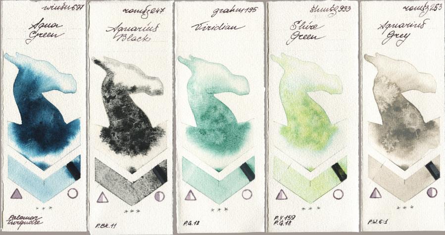 Winsor & Newton Professional 697 Aqua Green vs Roman Szmal Aquarius 247 Aquarius Black vs M. Graham & Co. Artists 195 Viridian vs Shminke Horadam Aquarell 933 Shire Green vs 253 Aquarius Grey watercolor swatch