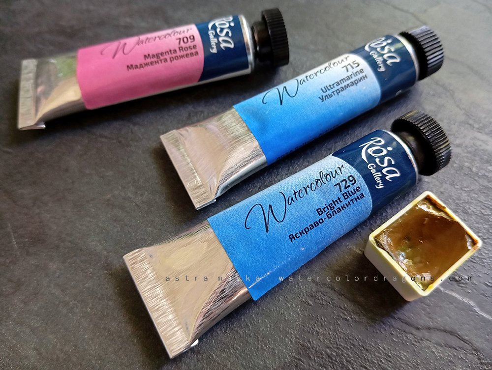 My mini Go-To Watercolor Palette 4 Basic Paints tubes Rosa Ultramarine Phthalocyanine Ultramarine and Aureolin Pan