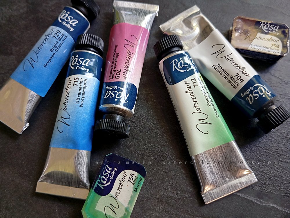 Rosa Gallery watercolor tubes and pans Mink Phthalocyanine Ultramarine Quinacridone Titanium