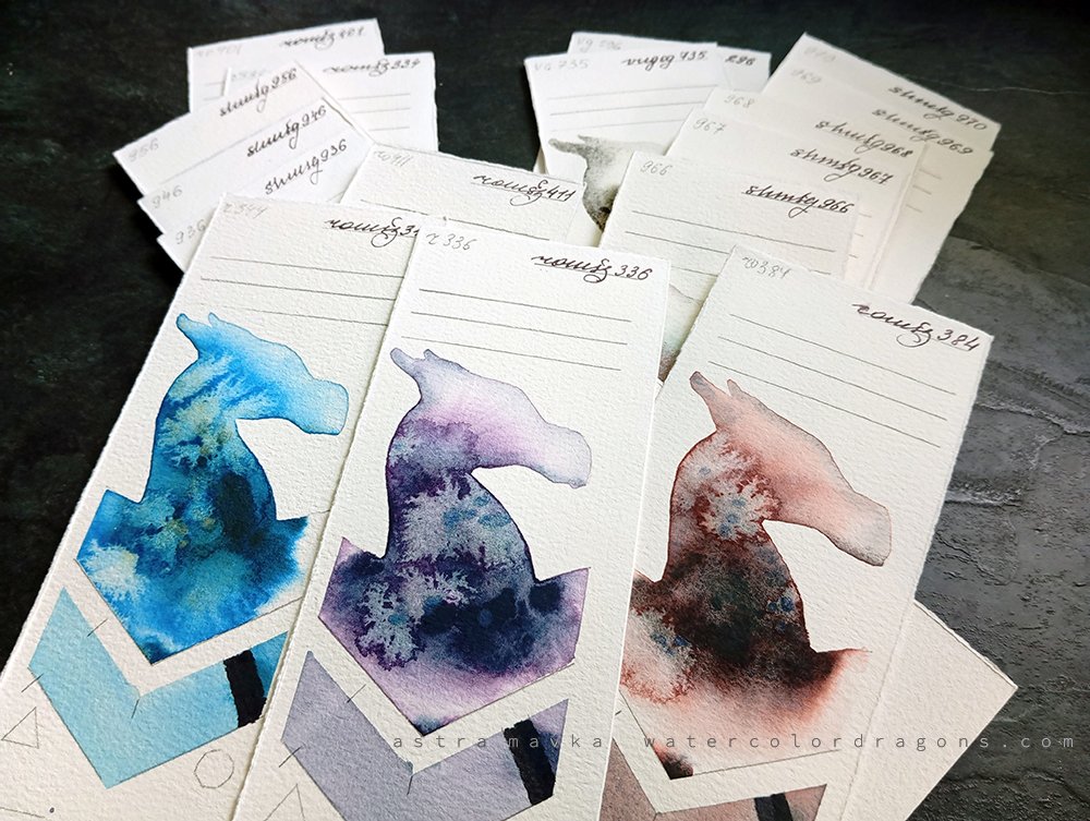 Watercolor swatches Roman Szmal Aquarius 344 Ocean Blue 336 Shadow Violet 384 Lava