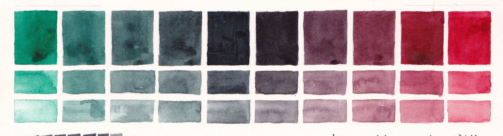 Emerald Green by Rosa Gallery and Magenta Rose by Rosa Gallery watercolor paints mixing swatch