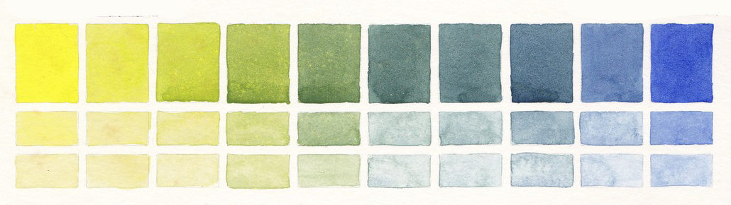 Aureoline by Rosa Gallery and Bright Blue by Rosa Gallery watercolor paints mixing swatch